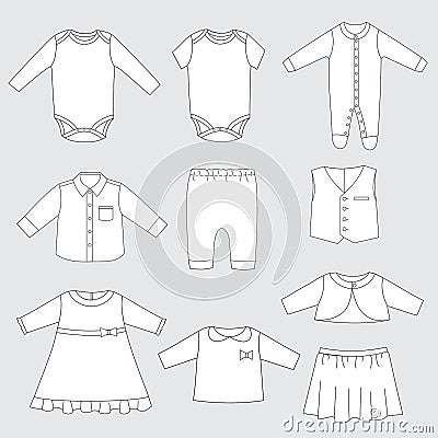 Collection of children clothes, vector illustration of baby sleepwear and outfits for boy and girl Vector Illustration