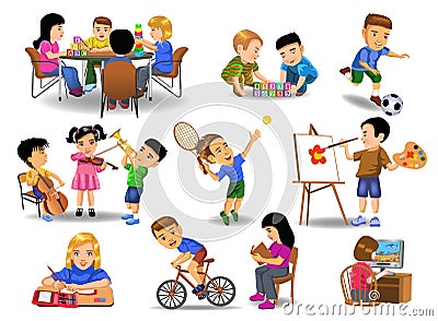 Collection of children doing different school and leisure time activities Vector Illustration