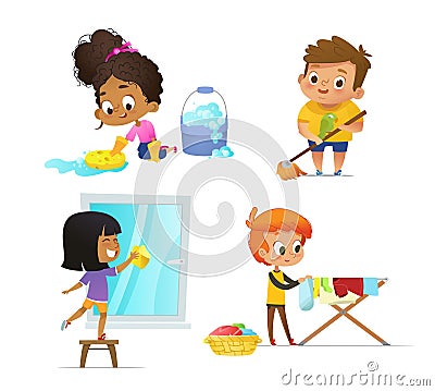 Collection of children doing household routines - mopping floor, washing window, hanging clothes on drying rack. Concept Vector Illustration