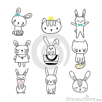 Collection of children doodles and sketches with funny animals. Vector Illustration