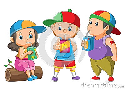 The collection of the children drink and hold the drink box Vector Illustration