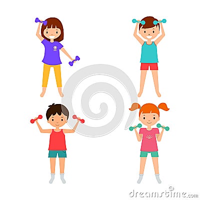 Collection children with dumbbels. Kids fitness. Vector Illustration