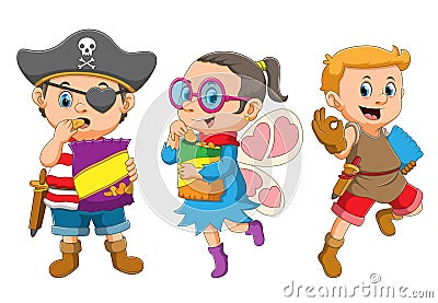 The collection of the children eating the snack and using the pirates, fairy and indian costume Vector Illustration