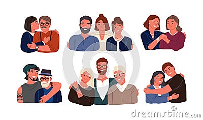 Collection of children or grandchildren with parents and grandparents. Grandfather, grandmother, father, mother and kids Vector Illustration