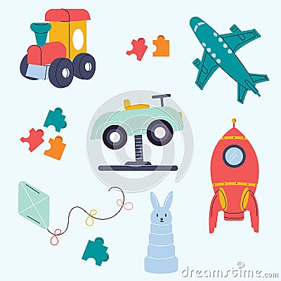 A collection of children's toys. Car, steam engine, rocket, aeroplane, hare, kite Vector Illustration