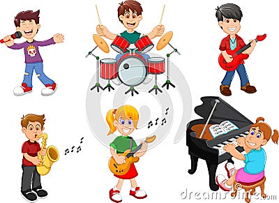 Collection of children singing and playing musical instruments Stock Photo