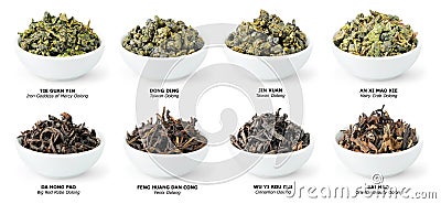 Collection of Chinese oolong tea, loose dries leaves in bowls isolated on white Stock Photo