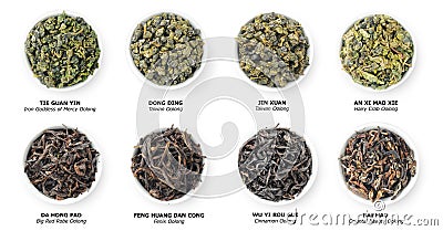 Collection of Chinese oolong teas, loose dries leaves in bowls, top view, isolated on white Stock Photo