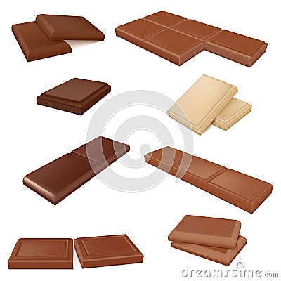 Collection chocolate bars 3d realistic vector milk dark and white candy dessert cocoa cubes Vector Illustration
