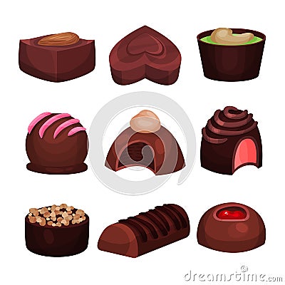 Collection of chocolate candies of various shapes. Sweets with different filling. Tender souffle. Delicious truffle Vector Illustration