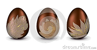 Collection chocolate Easter eggs. Vector chocolate eggs decorated with golden outline of tropical flowers. Design Vector Illustration