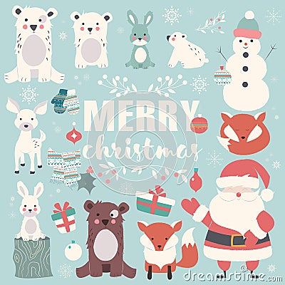 Collection of Christmas animals, lettering and Santa Claus Vector Illustration