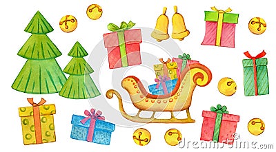 Collection of Christmas cliparts, Santa Claus sleigh with gifts, Watercolor illustration Cartoon Illustration