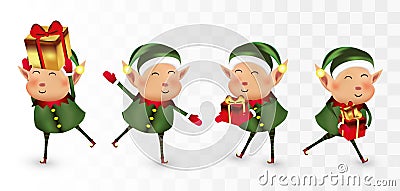 Collection of Christmas elves isolated on transparens background. Little elves. Santa`s helpers. Elves with gift Vector Illustration