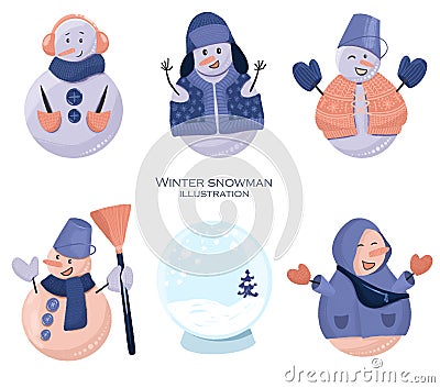 Collection of Christmas funny snowmen and empty snow glass globe Cartoon Illustration