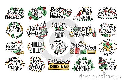 Collection of Christmas handwritten lettering with hand drawn holiday decorations - holly leaves, light garland, candles Vector Illustration
