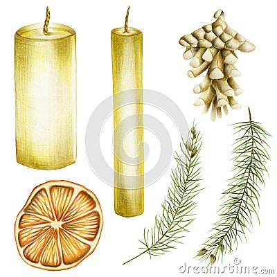 Collection of Christmas items candles, spruce branches, fir cone, dried orange Stock Photo