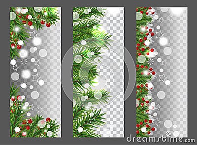 Collection Christmas and New Year vertical banner with border or garland of Christmas tree branches and holly berries on Vector Illustration