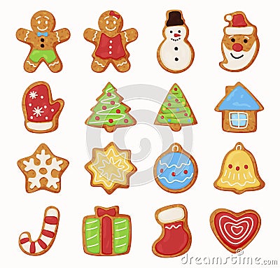 Collection Christmas oatmeal cookie food vector flat illustration. Set of festive biscuit cake Vector Illustration