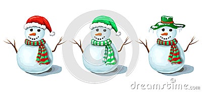  collection of Christmas snowmen isolated on white background. Cute smiling snowmen set in various santas hats and holidays Cartoon Illustration