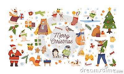 Collection of Christmas symbols and characters. Set of cute festive gifts, candies, decorations, clothes, animals. New Vector Illustration