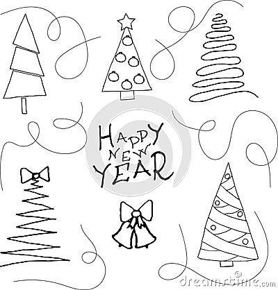 Collection of Christmas trees, modern flat design. Happy new year-Doodle stile Stock Photo