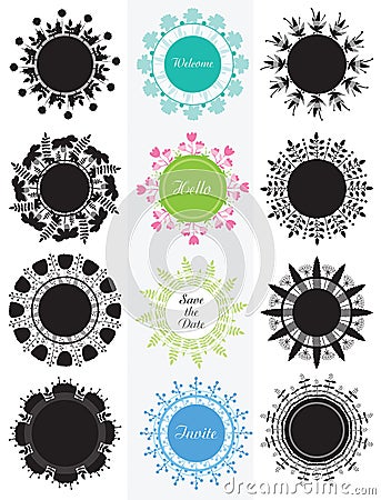 Collection of circle banners, badge with flowers. Design elements for card, labels, stickers easy to change colors. Vector Illustration