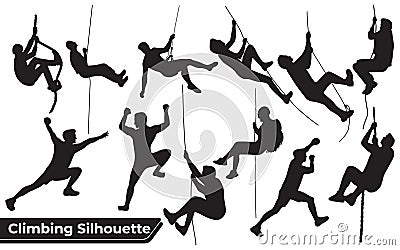 Collection of Climbing in mountains silhouettes in different poses Vector Illustration