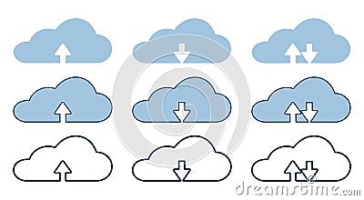 Collection cloud with arrow line icon. Upload and download cloud arrow vector symbols. Clouds with arrows up and down Vector Illustration