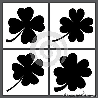 Collection of clover, St. Patrick`s day icons isolated on white. black silhouette shape Vector Illustration