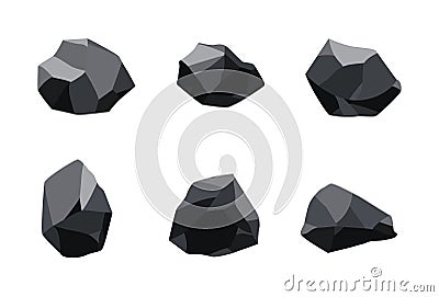 Collection of coal black mineral resources. Pieces of fossil stone. Polygonal shapes set. Black rock stones of graphite Vector Illustration