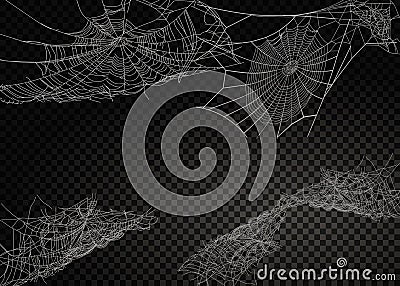 Collection of Cobweb, isolated on black, transparent background. Vector Illustration