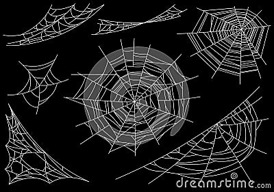 Collection of Cobweb, isolated on black, transparent background. Spiderweb for Halloween design. Spider web elements Vector Illustration