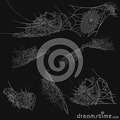 Collection of Cobweb, isolated on black, transparent background. Spiderweb for Halloween design. Spider web elements,spooky, scary Vector Illustration