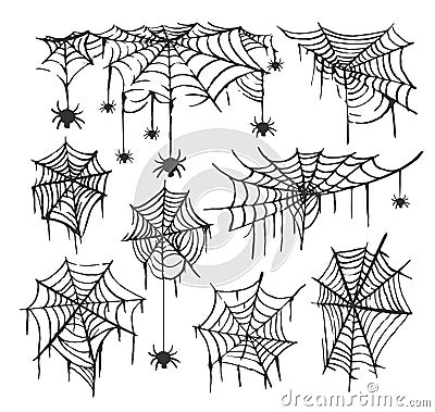 Collection of Cobweb isolated transparent background. Spiderweb for Halloween design. Spider web elements spooky and Vector Illustration