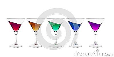 Collection of cocktail glasses filled with colorful inclined wine drink Stock Photo