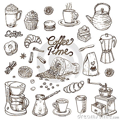 Collection of coffee doodle elements for cafe menu, fliers, chalkboard Vector Illustration