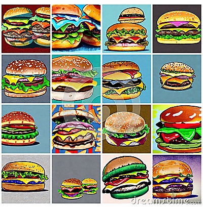 Collection of 16 colorful painted Cheeseburger Stock Photo