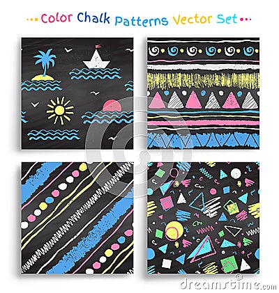 Collection of color chalked grunge seamless patterns Vector Illustration