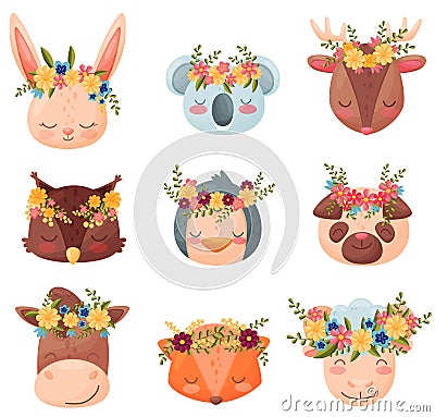 Collection colored cartoon animals. Vector flat illustration. Vector Illustration