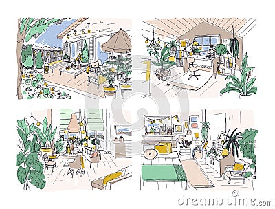 Collection of colored freehand drawings of cozy apartment furnished in Scandinavian hygge style. Set of rooms full of Vector Illustration