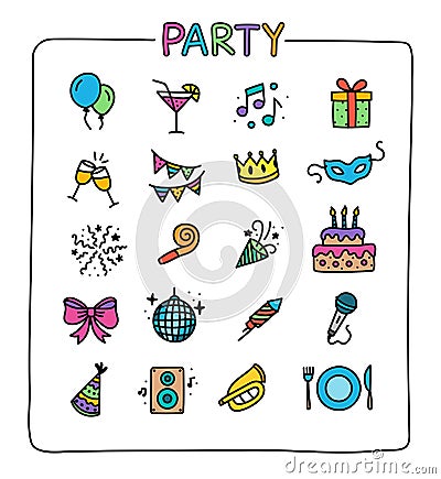 Collection of colored party icons. Doodle style Vector Illustration