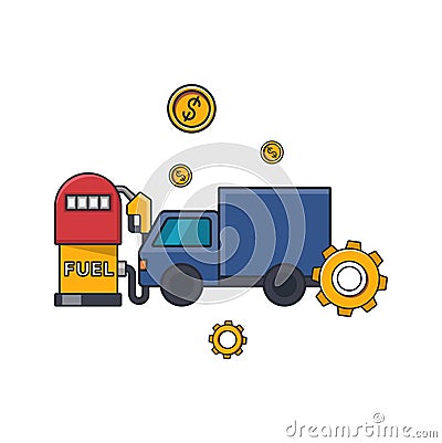 Collection colored thin icon of gas station and transportation truck Vector Illustration