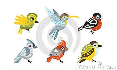 Collection of Colorful Birds, Hummingbird, Bullfinch, Northern Cardinal Cartoon Vector Illustration Vector Illustration