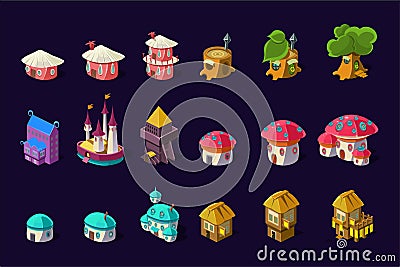 Flat vector set of colorful buildings for mobile game. Cartoon fairy houses in shapes of trees and mushrooms. Cute Vector Illustration