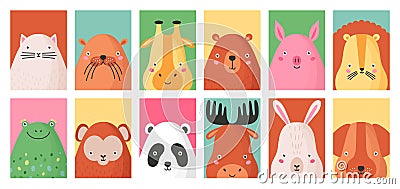 Collection of colorful card templates with portraits of different funny adorable wild and domestic animals isolated on Vector Illustration