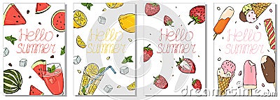 Collection of colorful cards on the summer theme. Refreshing drinks, fruit and ice cream. Vector Illustration