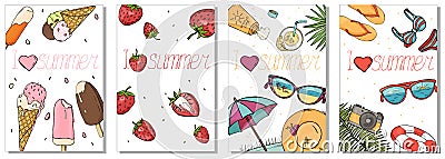 Collection of colorful cards on the summer theme. Strawberry berries, ice cream and beach accessories. Vector Illustration