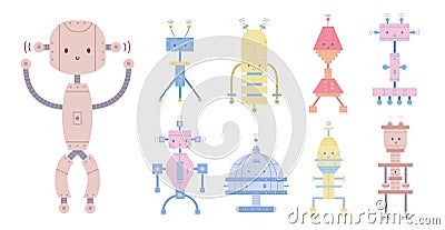 Collection of colorful cute smiling robots isolated on white background. Bundle of different toy cyborgs, funny Vector Illustration