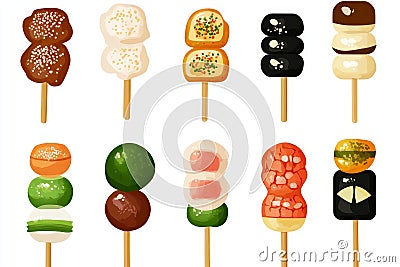 A collection of 12 colorful dango skewers perfect for illustrating Japanese food festivals or street food Each skewer Stock Photo